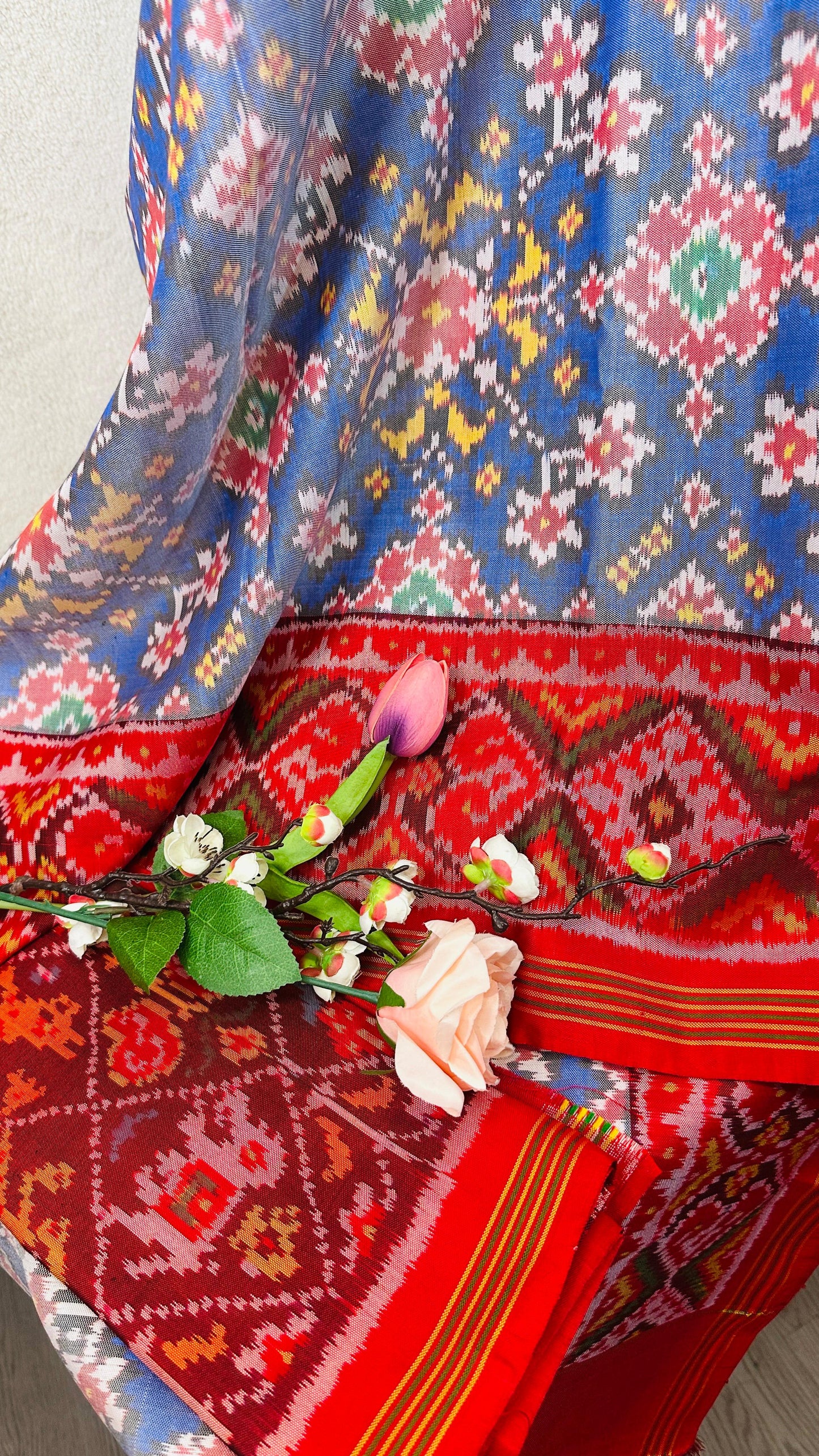 Powder Blue pure Mulberry silk semi double Patan Patola Handloom Saree