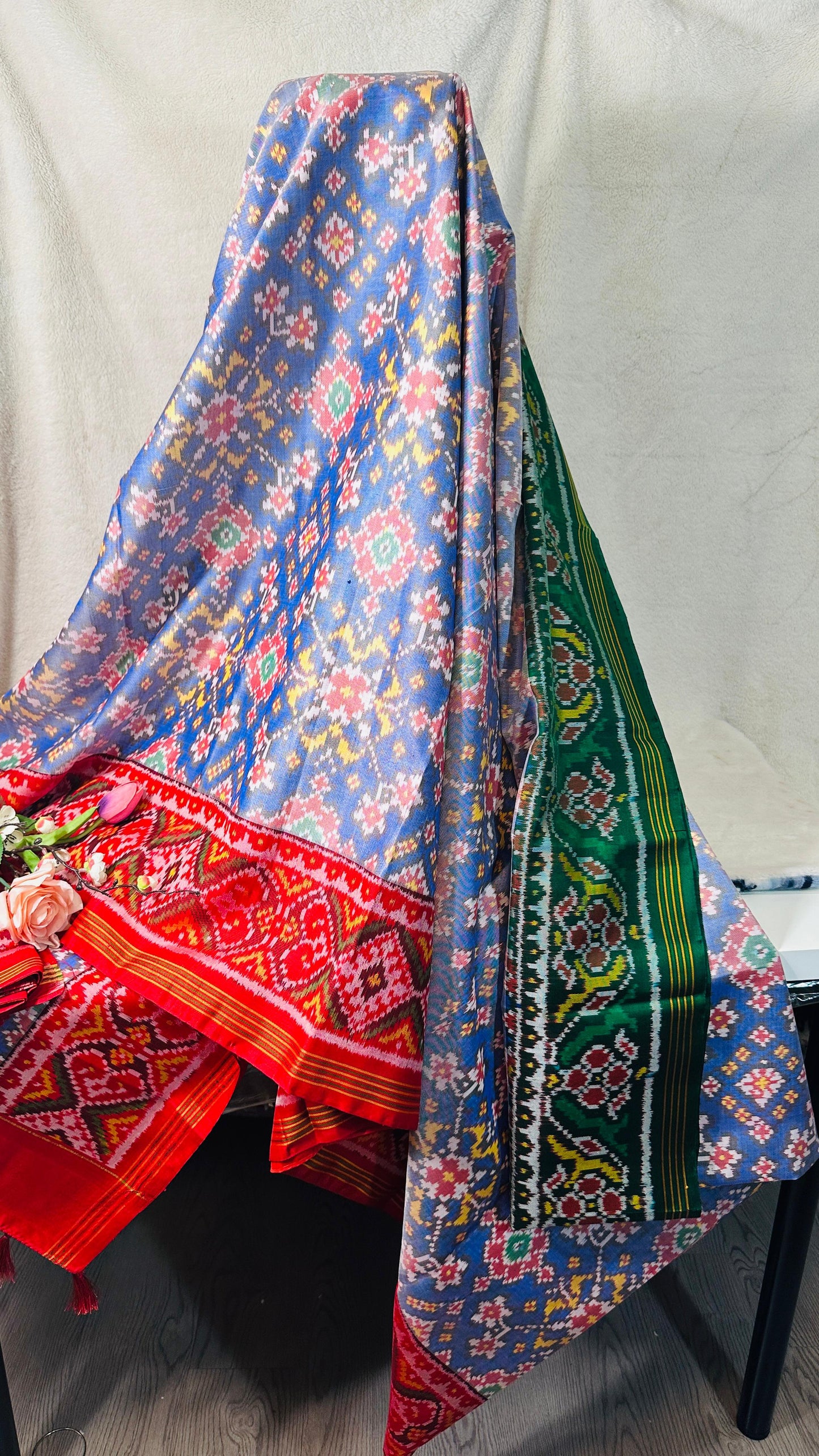 Powder Blue pure Mulberry silk semi double Patan Patola Handloom Saree
