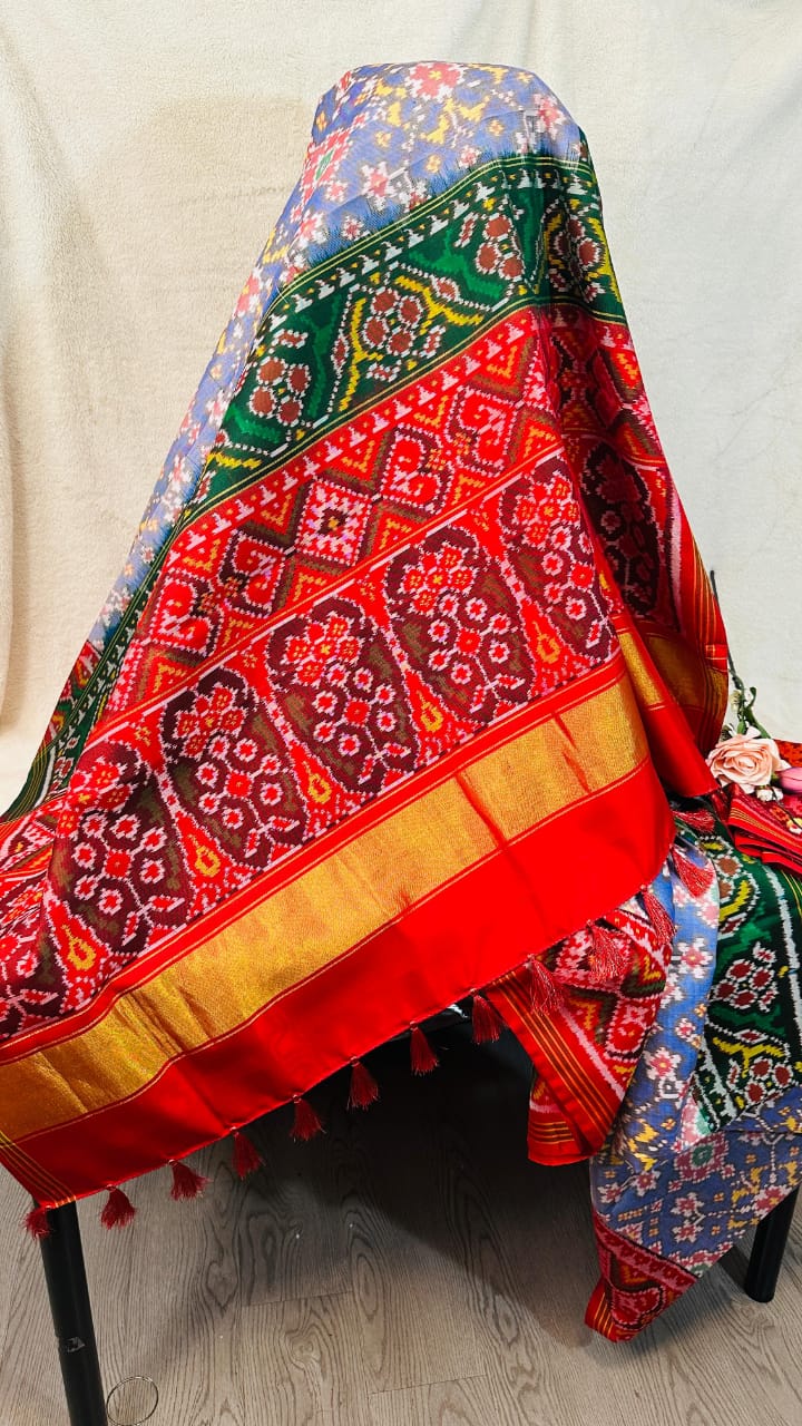 Powder Blue pure Mulberry silk semi double Patan Patola Handloom Saree