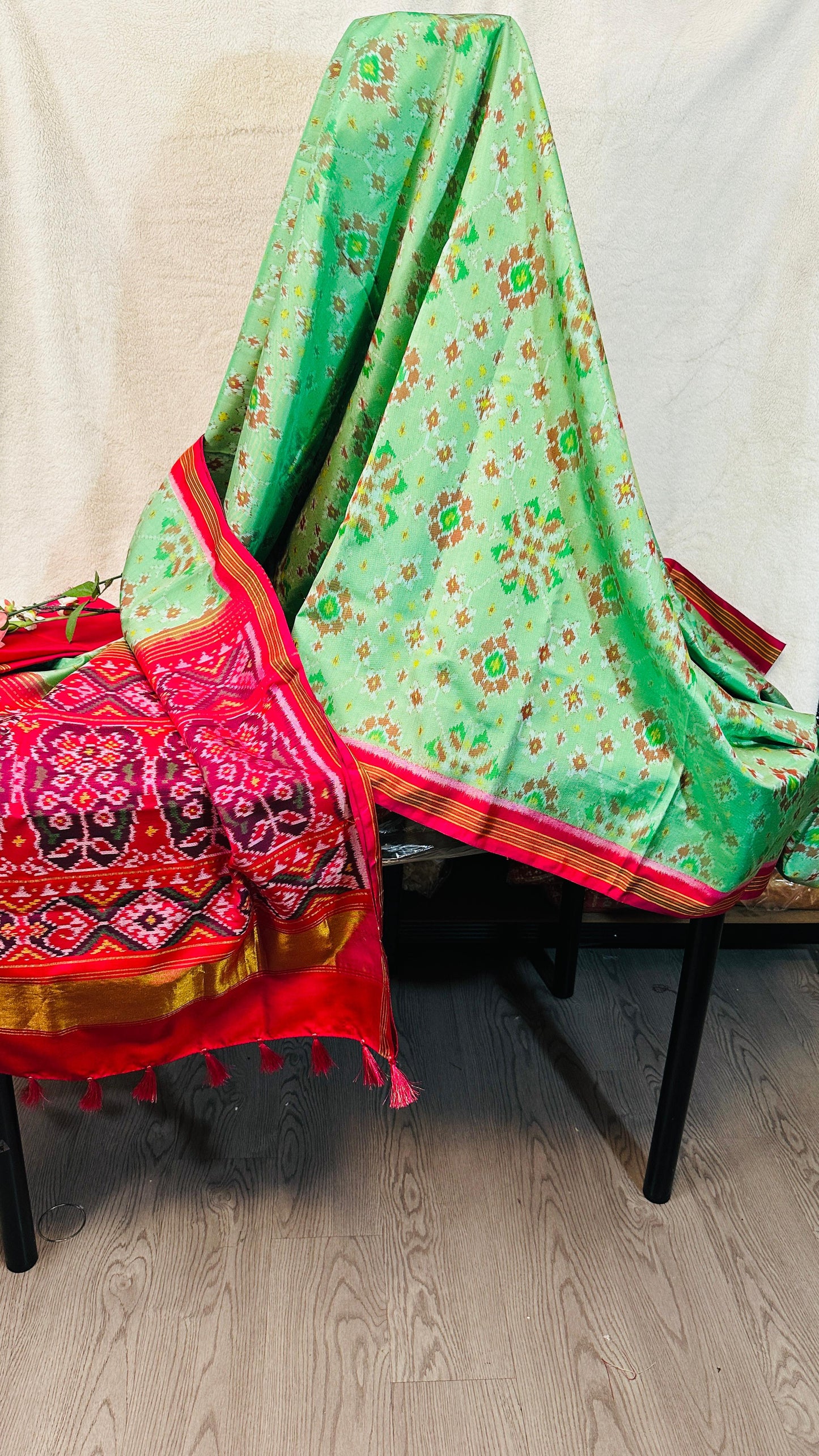 Pista green pure Mulberry silk semi double Patan Patola Handloom Saree