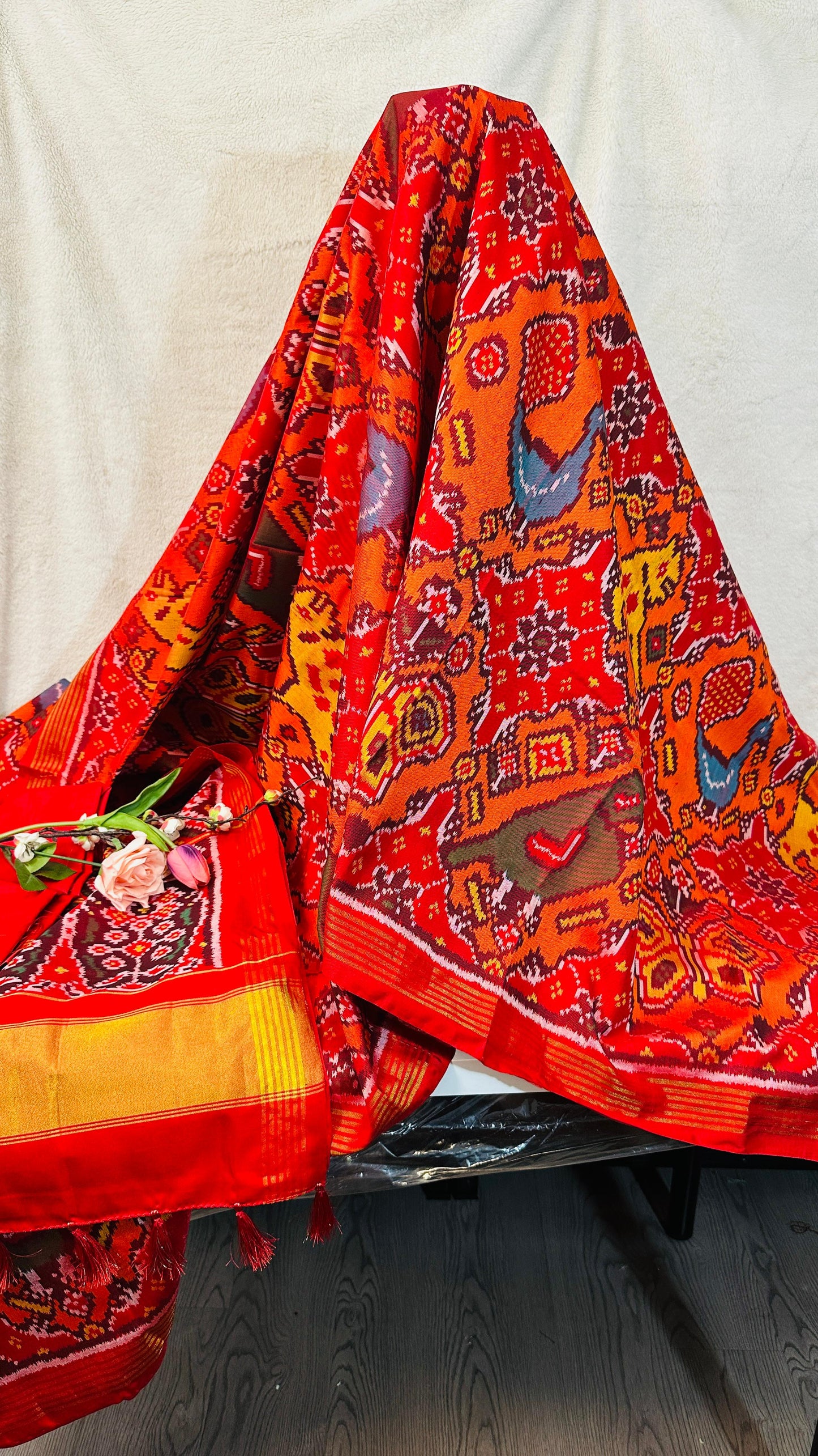 Red with Rangkat pure silk semi double Patan Patola Handloom Saree