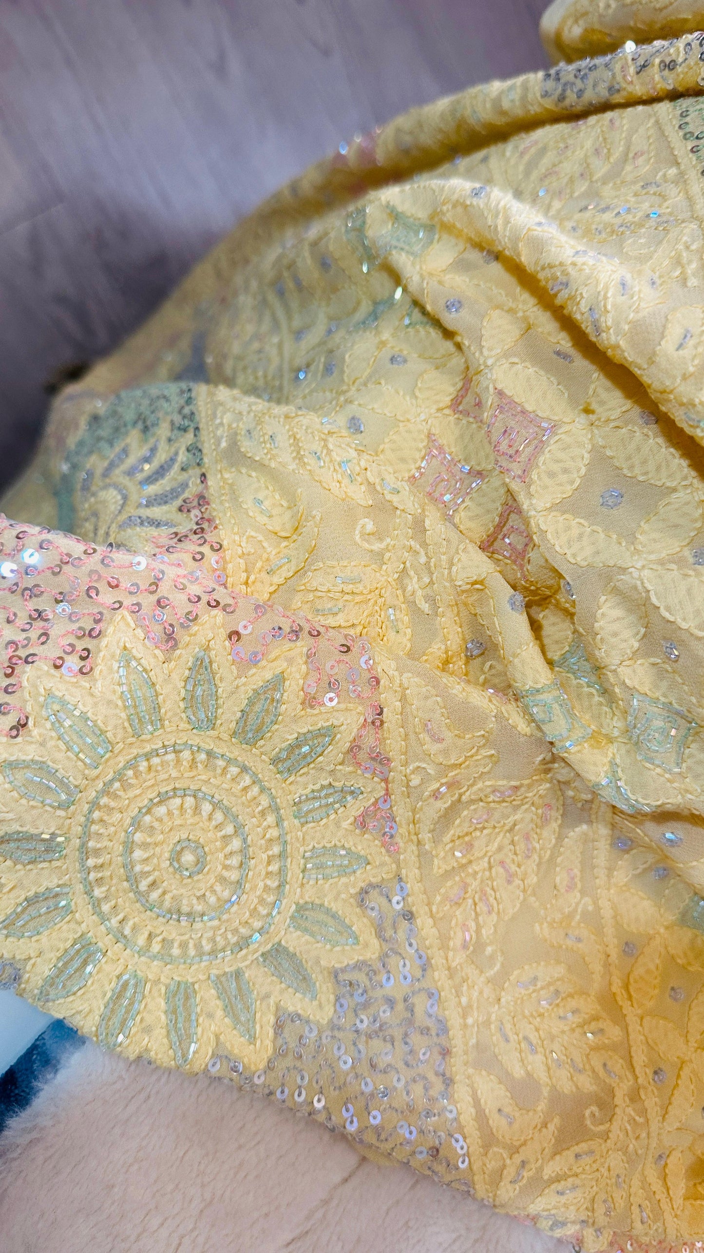 Lime yellow Pure Georgette Chikankari Saree enteric with fine Chikankari,Cutdana & Ring Mukaish hand embroidery