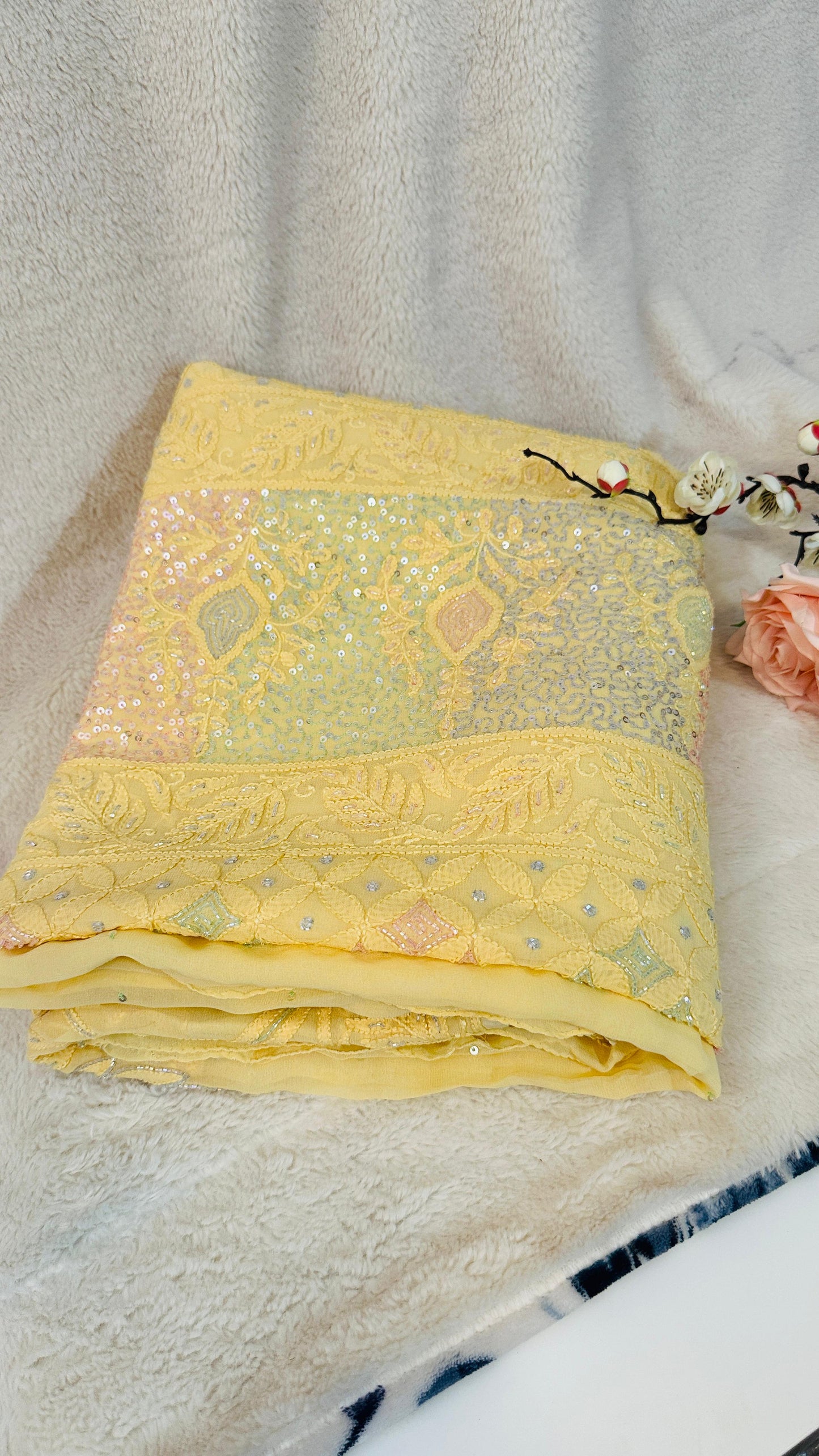 Lime yellow Pure Georgette Chikankari Saree enteric with fine Chikankari,Cutdana & Ring Mukaish hand embroidery