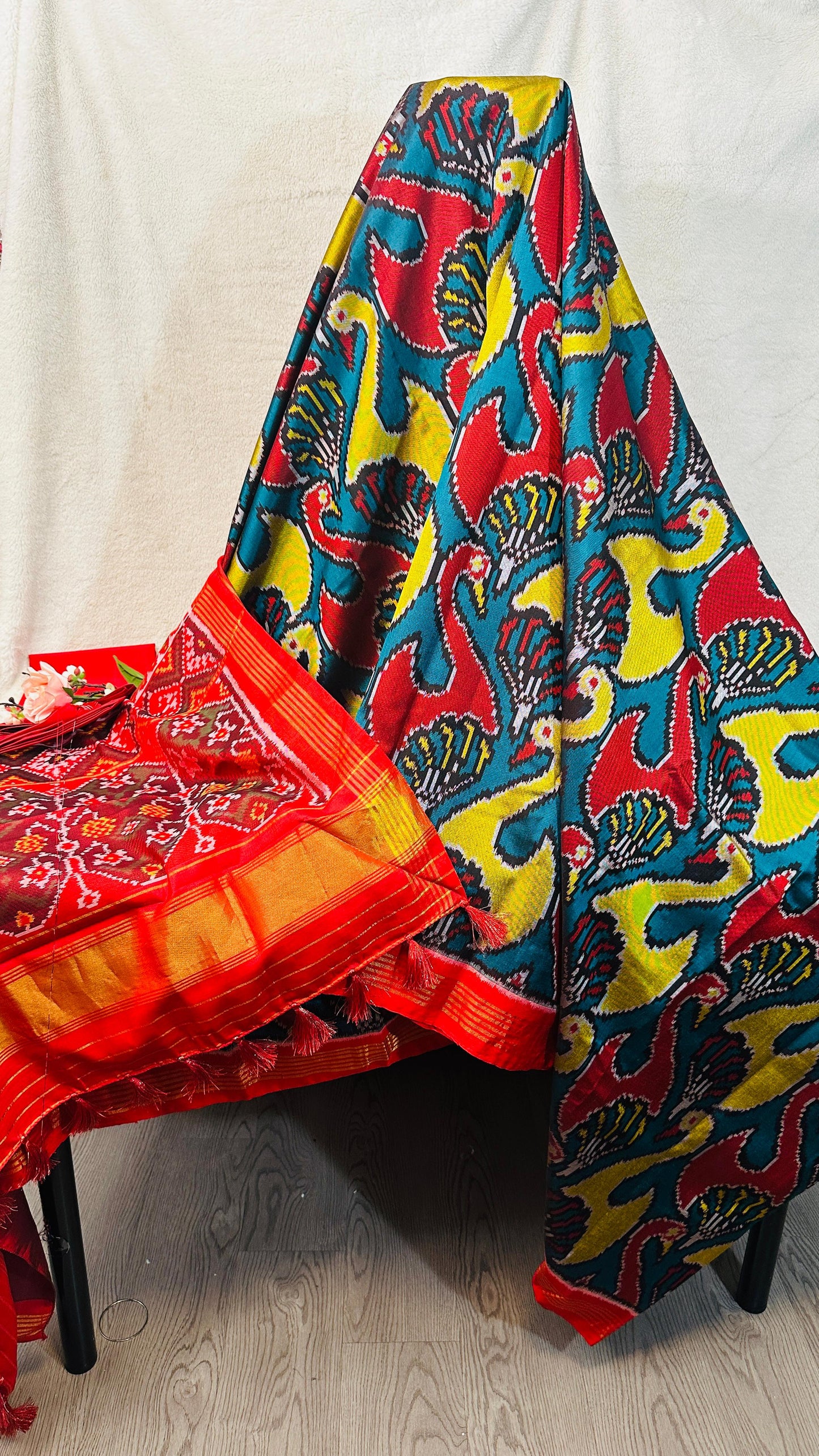 Turquoise blue with Swan design weave pure Mulberry silk semi double Patan Patola Handloom Saree