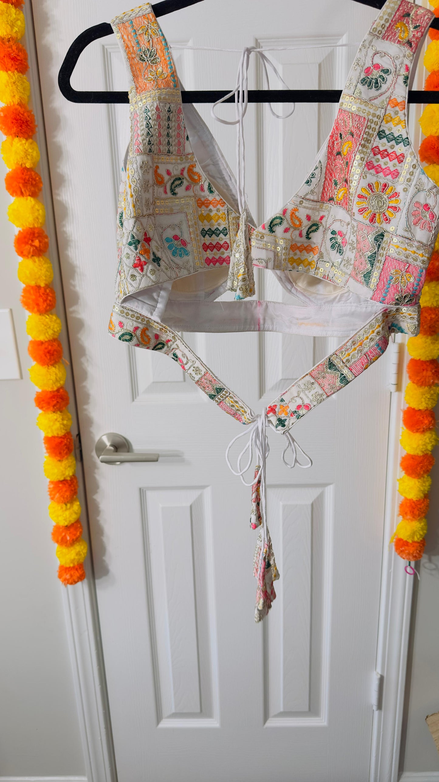 White Designer Multicoloured thread & sequins work blouse with Back adjustable Dori ( can open till size 42 )