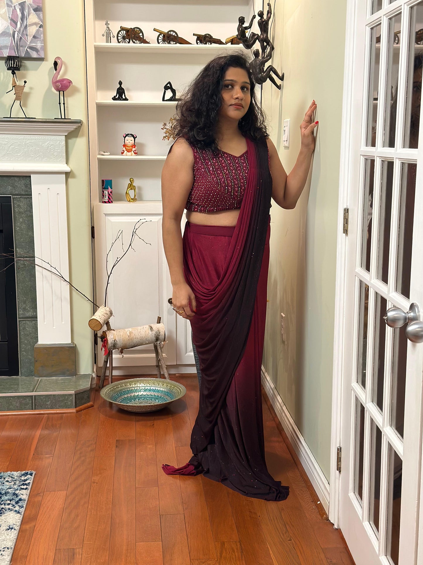 Wine Designer Predraped saree in pure Chiffon highlighted with white stone, Cutdana & pearl handwork