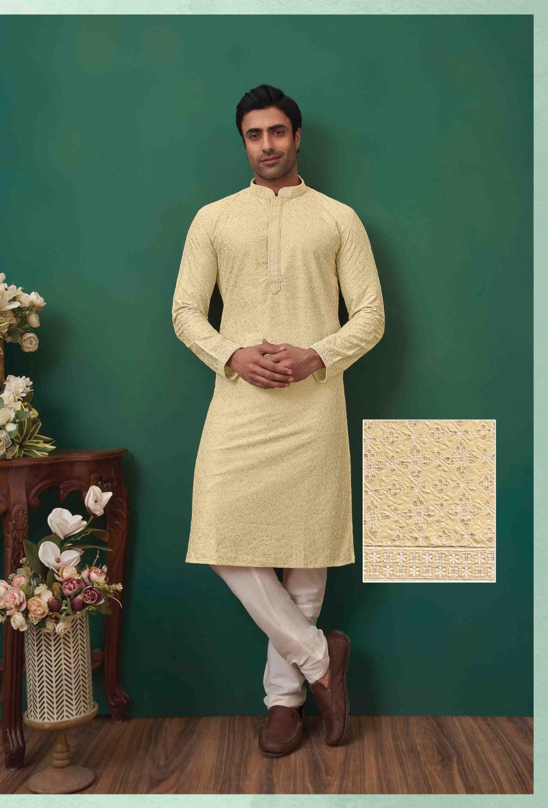 Beige chikankari thread work with sequins work detailing kurta set - My Store