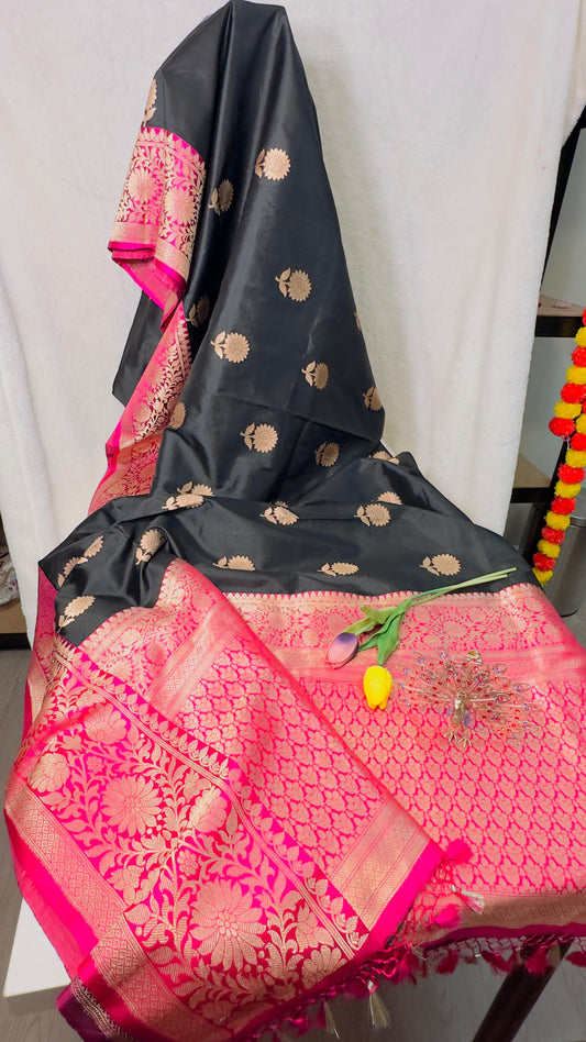 Black with Rani pink Border Pure Katan by katan handloom silk Banarasi saree