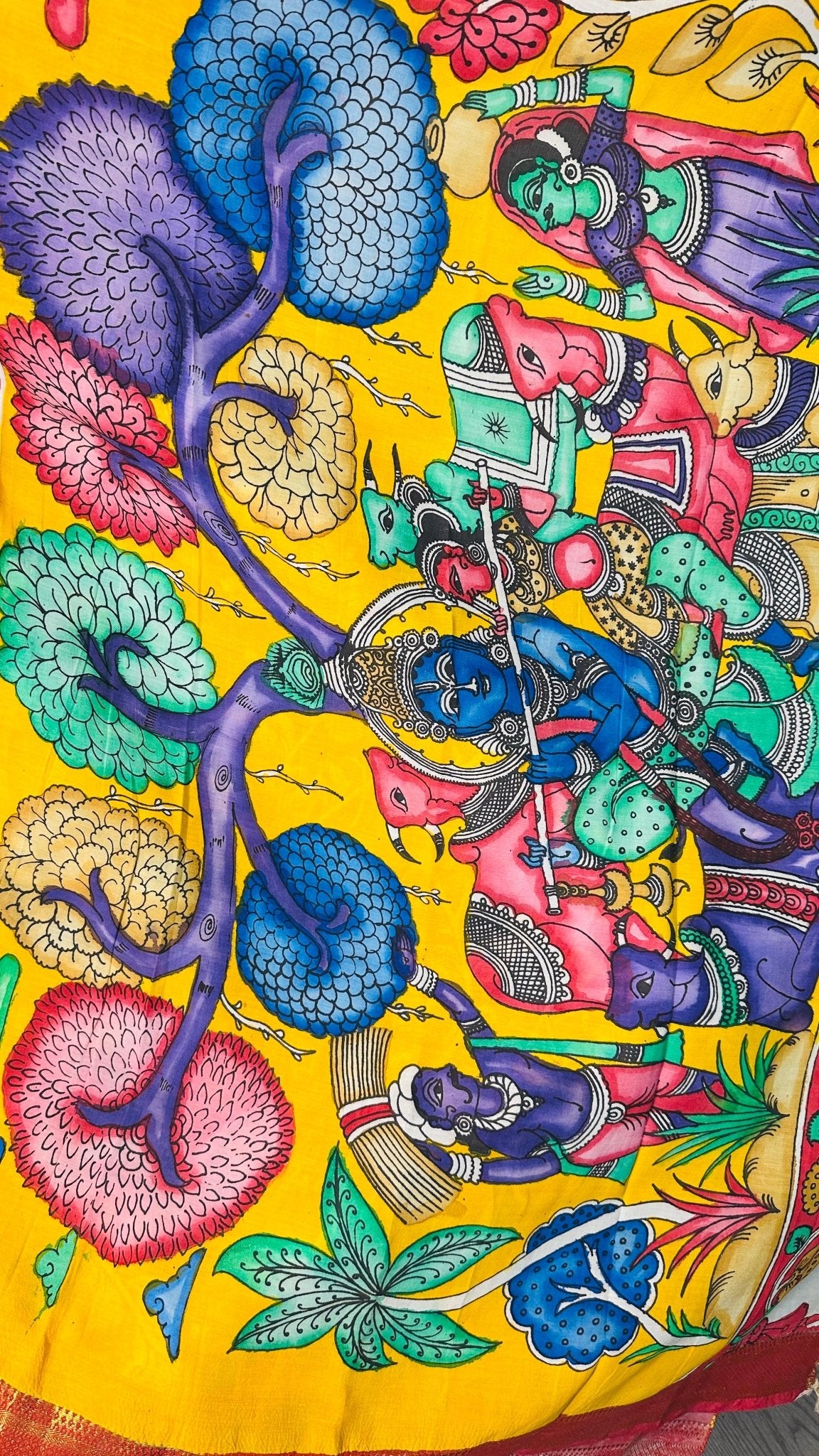 Carbon Black pure Bangalore silk hand drawn - hand painted Pen Kalamkari Saree - My Store