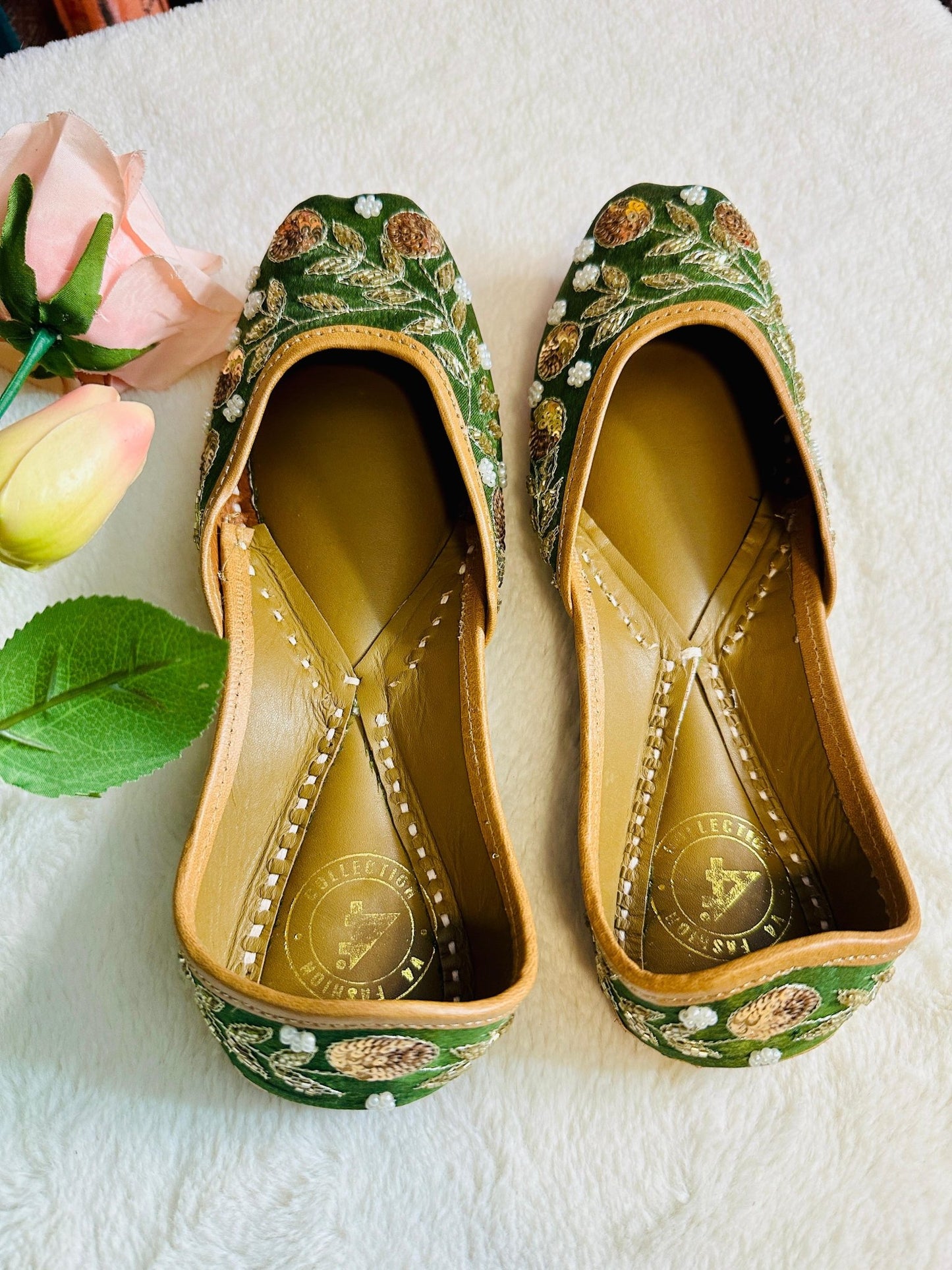 Henna green Premium designer pure leather Jutti with double cushion and highlighted with all handwork - My Store