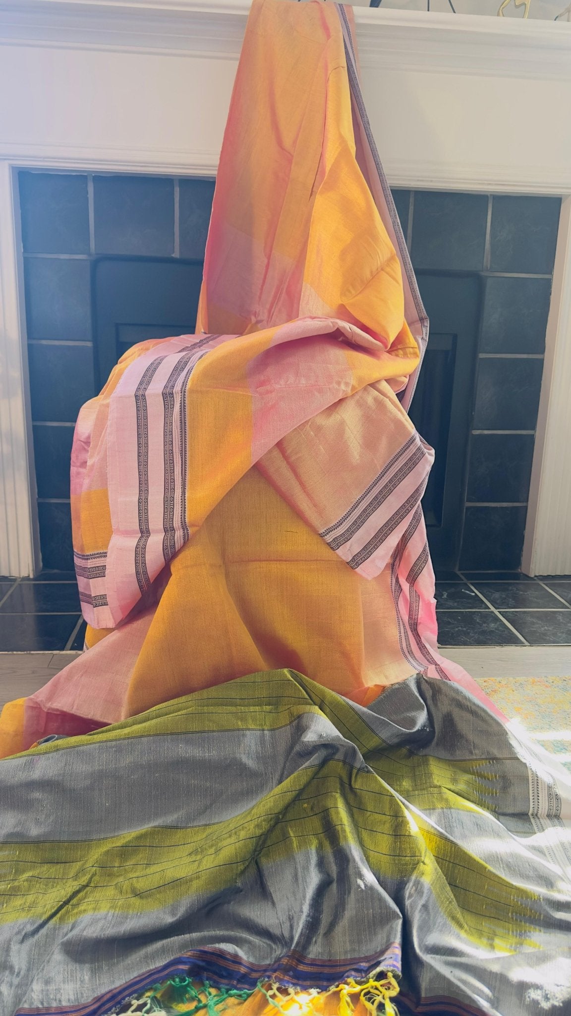 ILKAL Shaded Mustard yellow with baby pink border SICO ( Cotton*Silk ) handloom saree - My Store