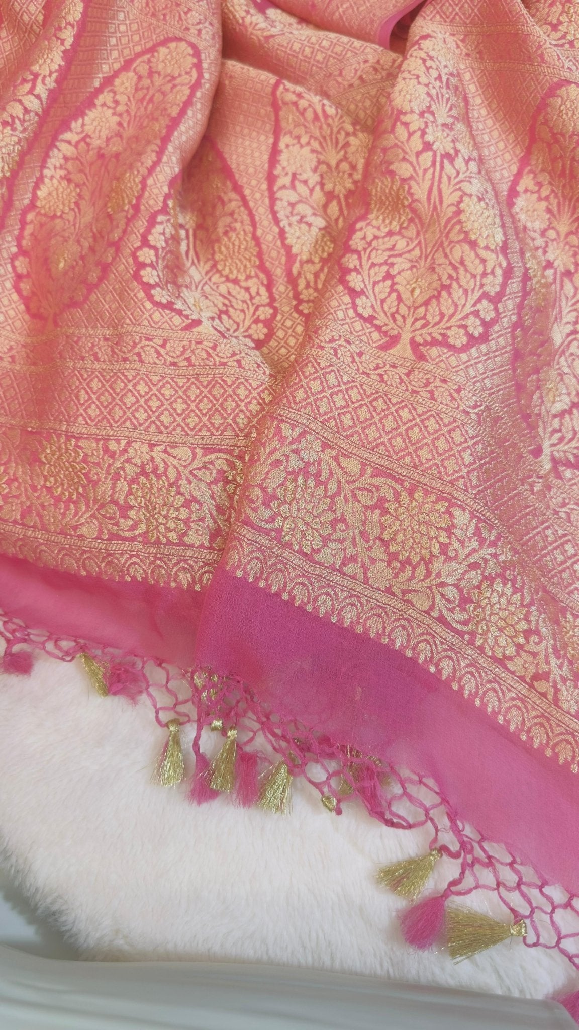 Onion pink Pure Khaddi Georgette handloom Banarasi saree with tested Gold zari weaving - My Store