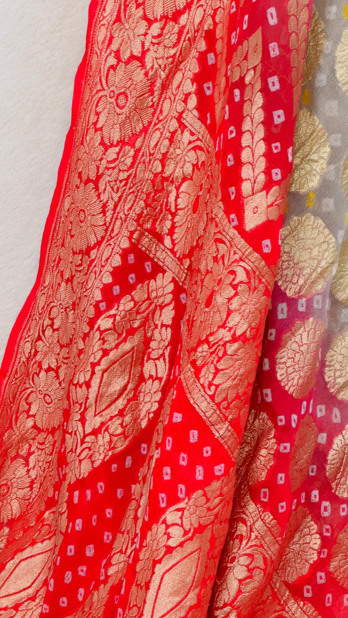 Red - Grey Pure Khaddi Georgette hand rai Bandhani Banarasi saree with tested Gold zari weaving - My Store
