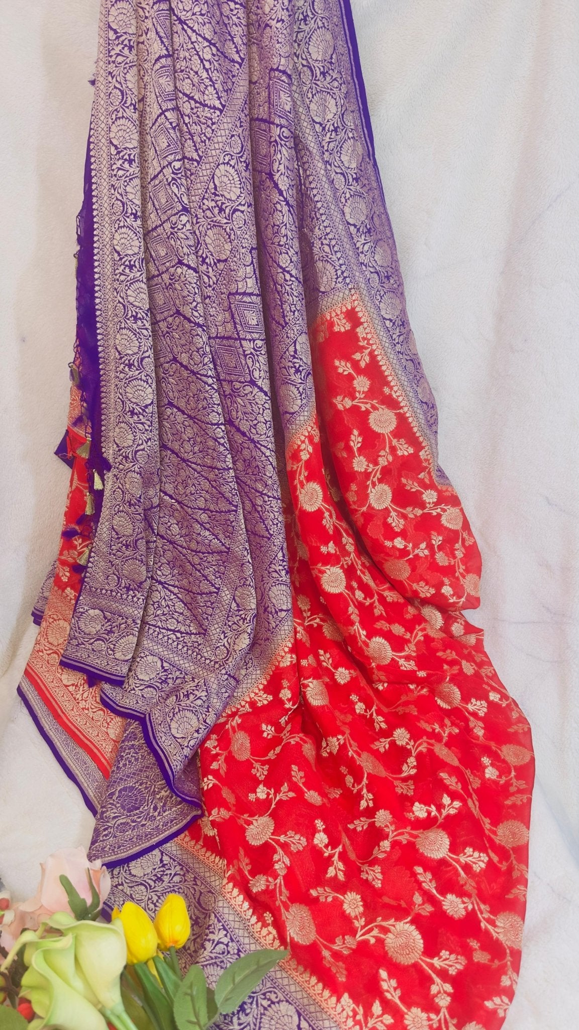 Red - Purple Pure Khaddi Georgette handloom Banarasi saree with tested Gold zari weaving - My Store