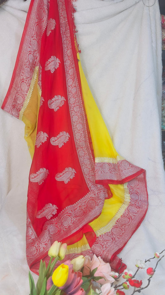 Red - Yellow Pure Khaddi Chiffon handloom Banarasi saree with tested Silver zari weaving - My Store