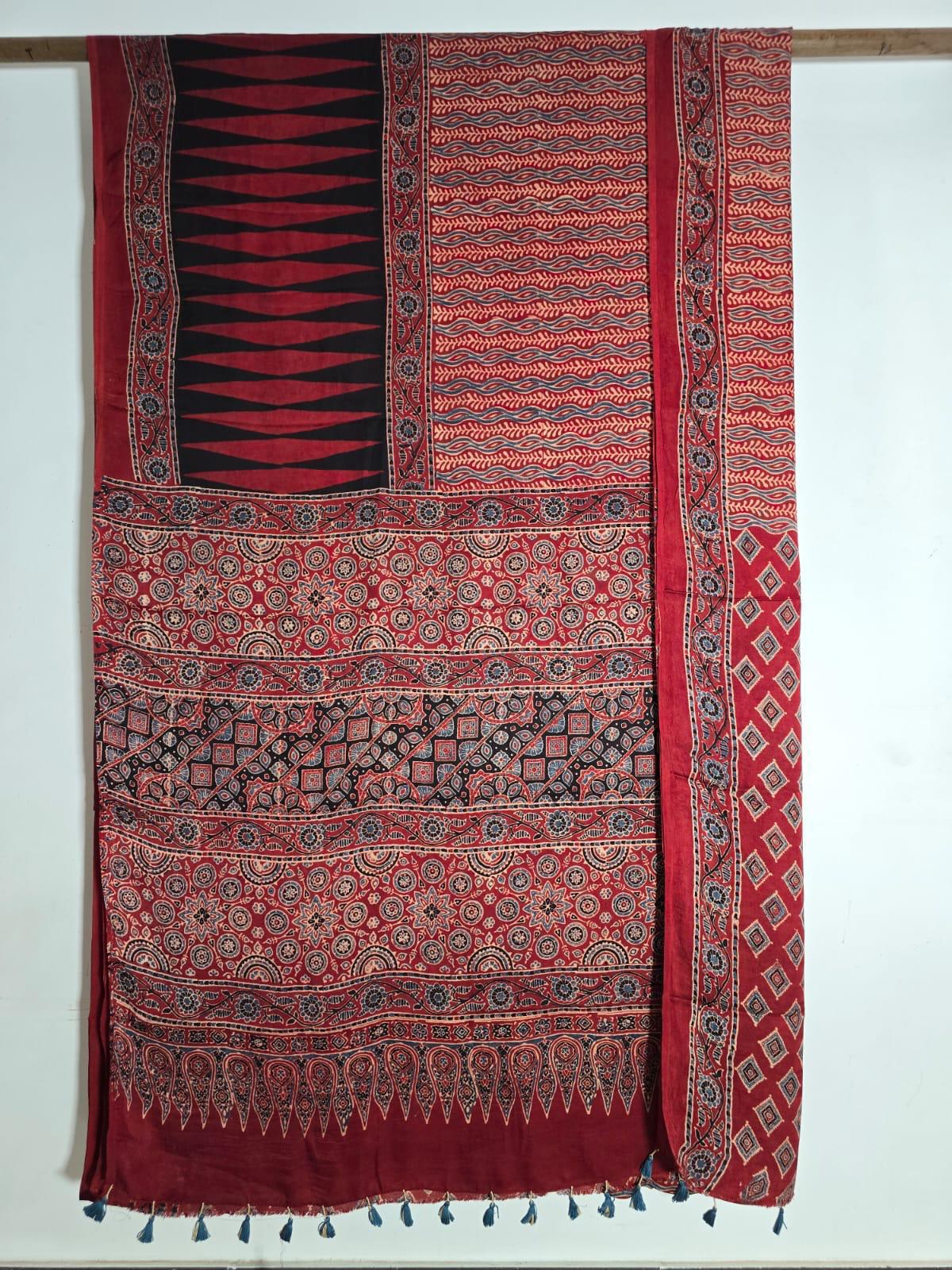 Red*Black Kajukatli Ajrakh natural dye Hand block print pure Modal silk saree - My Store