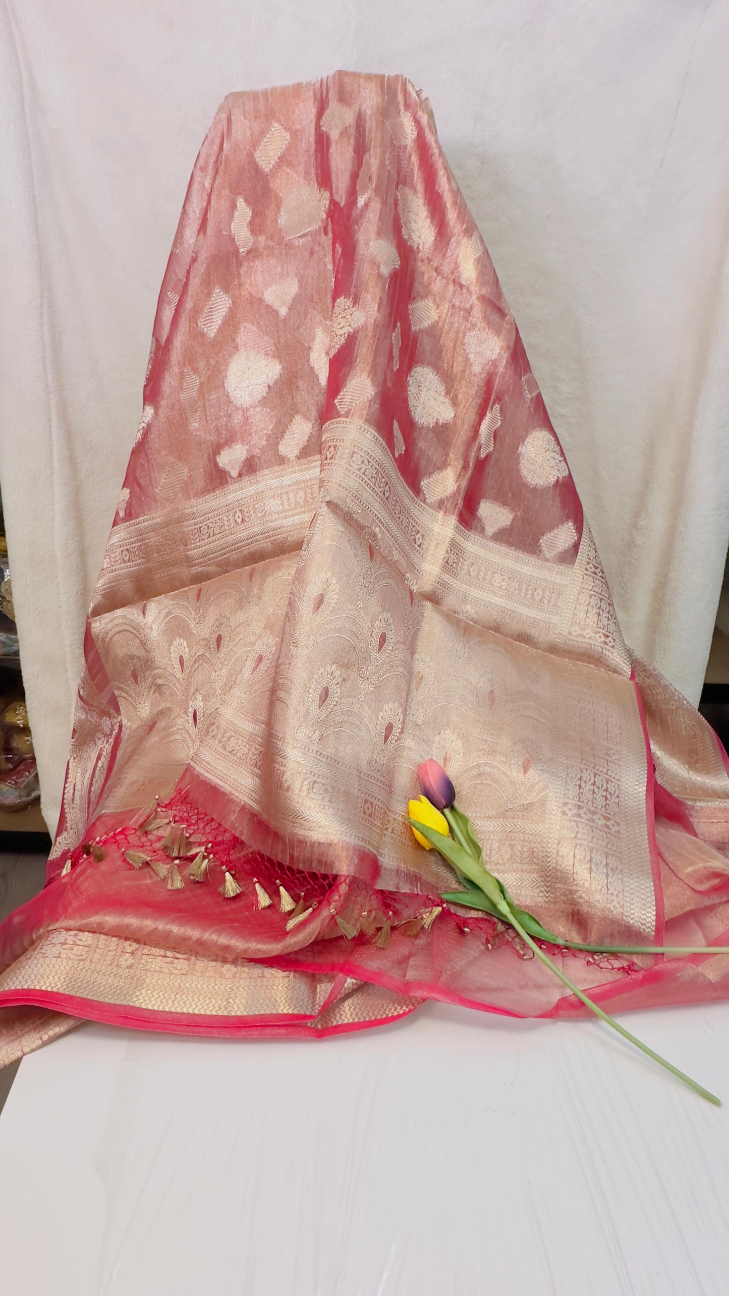 Rose pink pure tissue Banarasi handloom saree