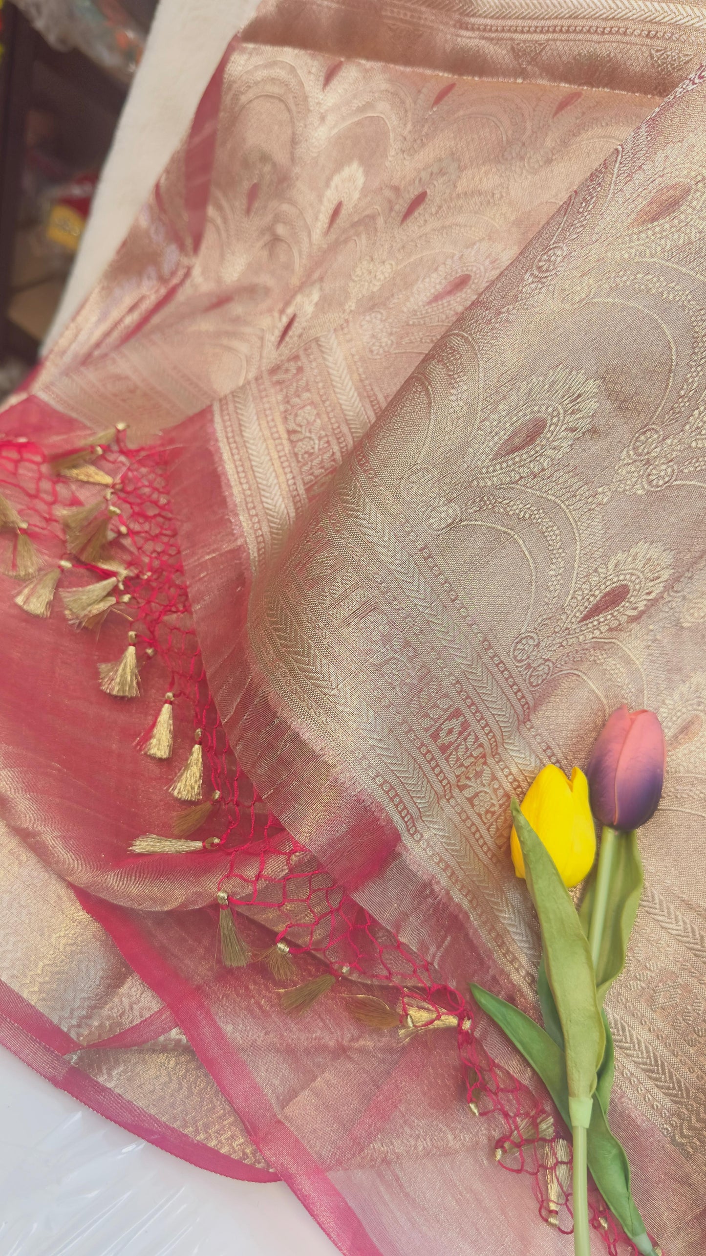 Rose pink pure tissue Banarasi handloom saree