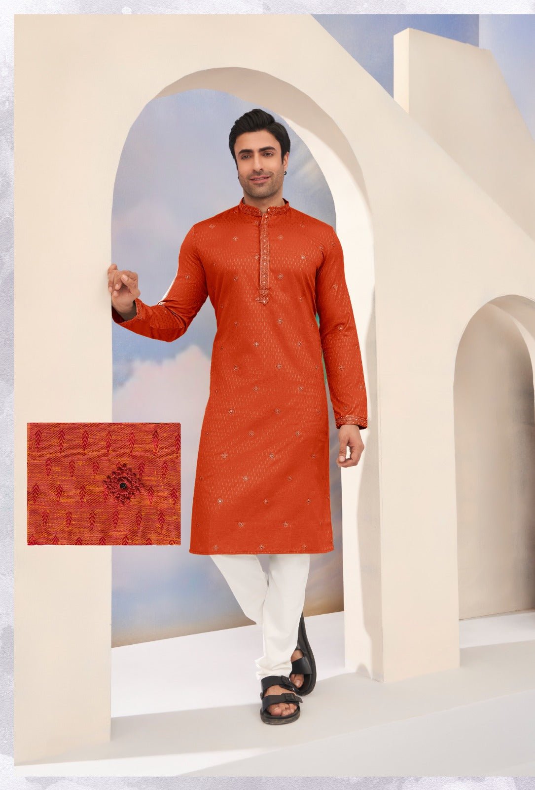 Rust orange Cotton silk Kurta set highlighted with foil mirror and thread embroidery - My Store