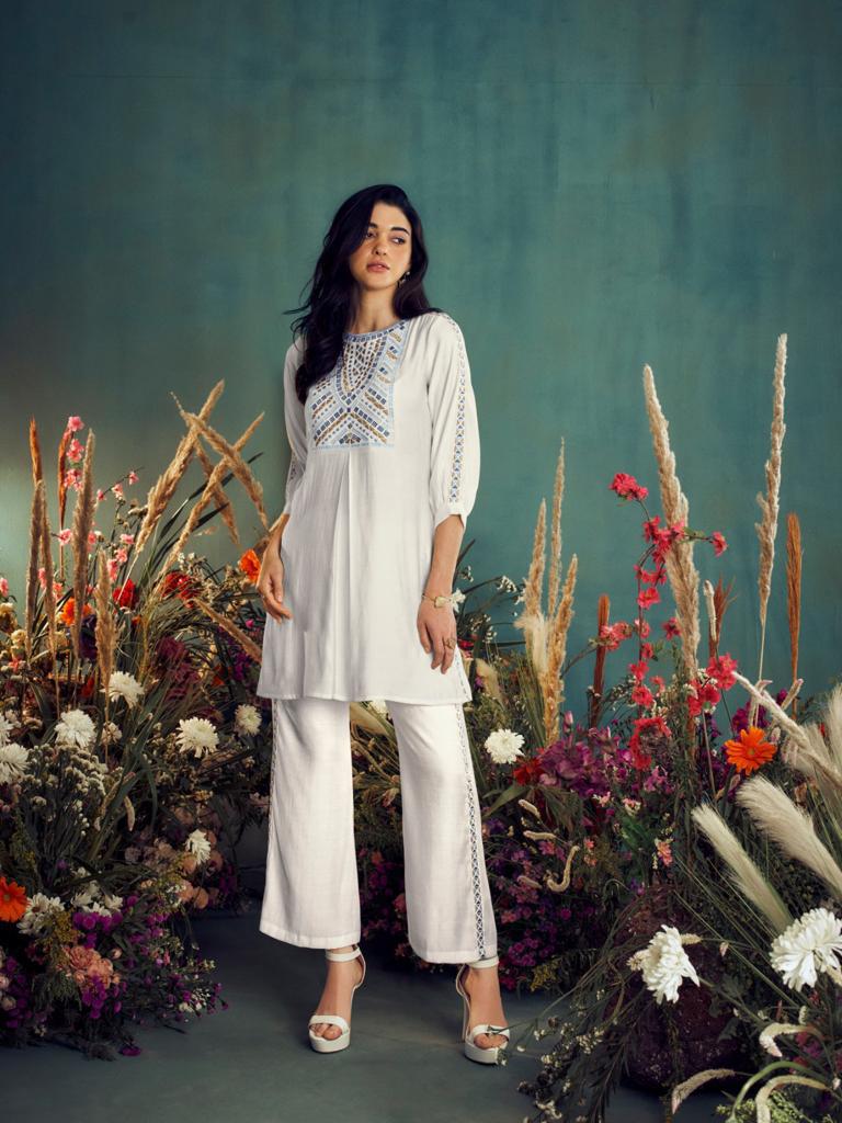 White Cord set highlighted with blue thread work - My Store