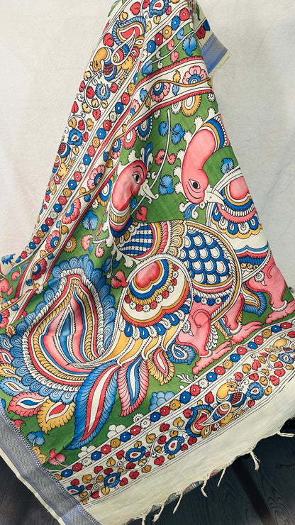 Beige pure Bangalore silk hand drawn- hand painted Pen Kalamkari Saree