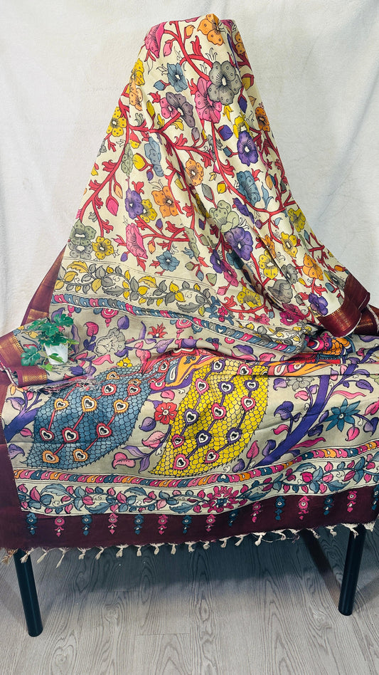 Beige pure Bangalore silk hand drawn- hand painted Pen Kalamkari Saree