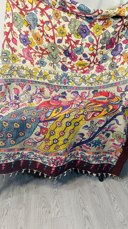 Beige pure Bangalore silk hand drawn- hand painted Pen Kalamkari Saree