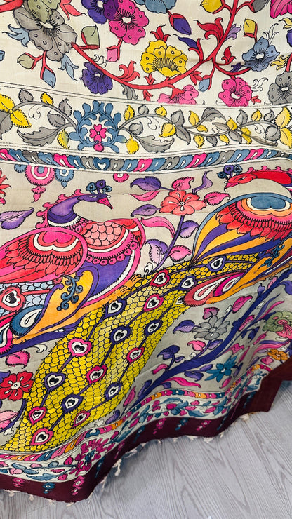 Beige pure Bangalore silk hand drawn- hand painted Pen Kalamkari Saree
