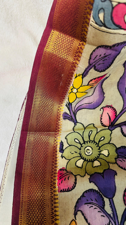 Beige pure Bangalore silk hand drawn- hand painted Pen Kalamkari Saree