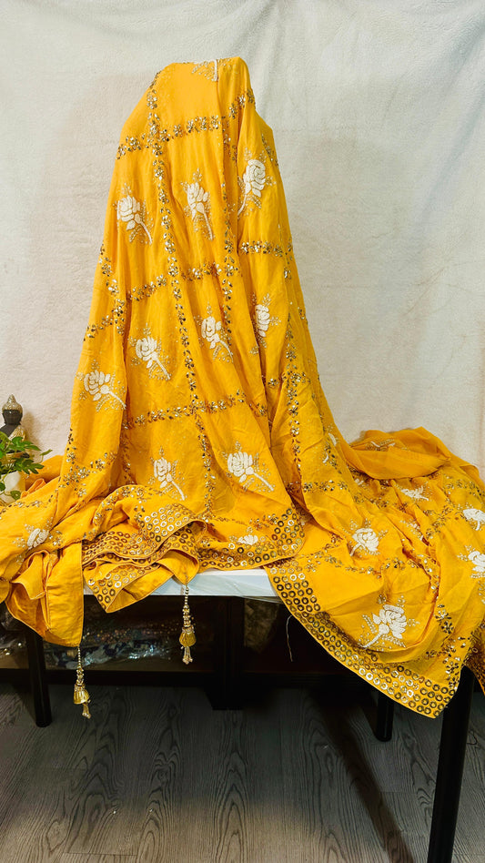 Alphanso mango Pure Georgette Chikankari saree with pearl & Pitta kamdani mukaish handwork