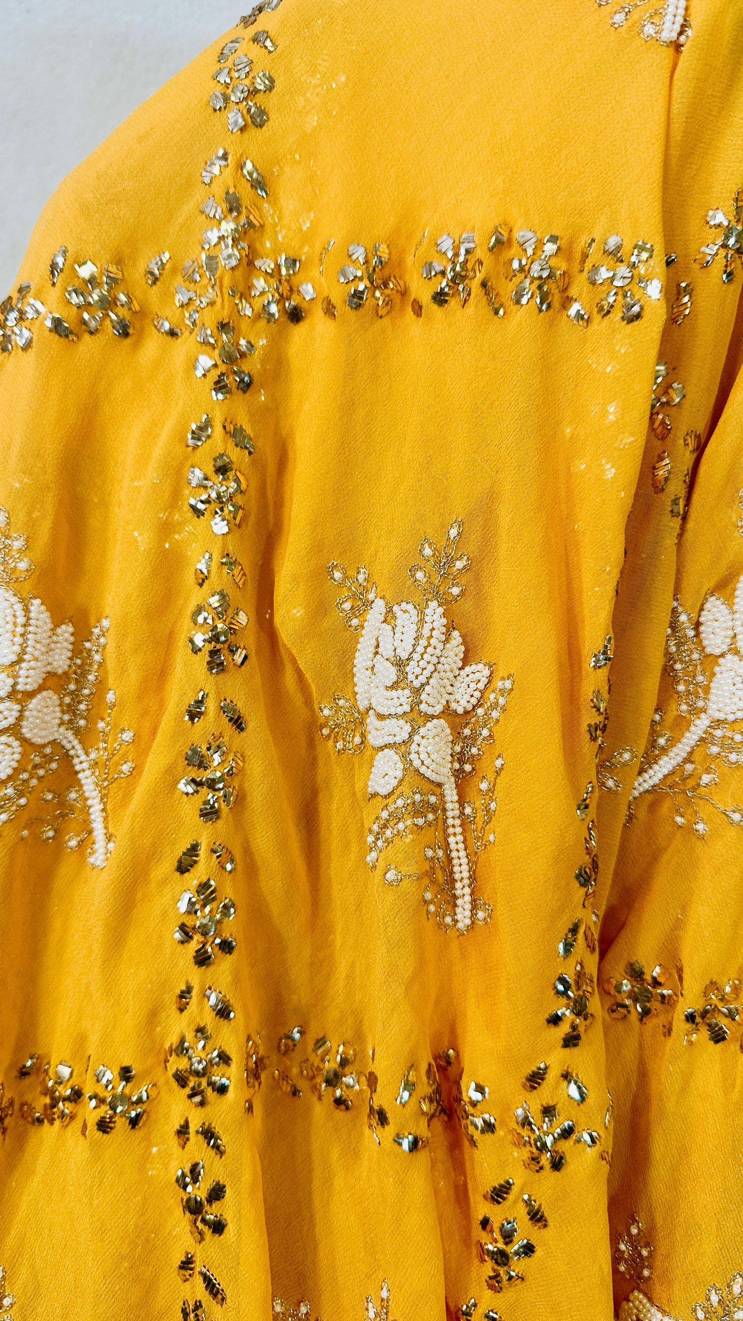 Alphanso mango Pure Georgette Chikankari saree with pearl & Pitta kamdani mukaish handwork