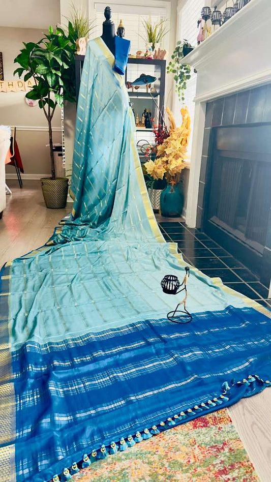 Baby Blue 2D Ombré with Medium Sapphire Pallu Pure Mysore Silk Handloom Saree