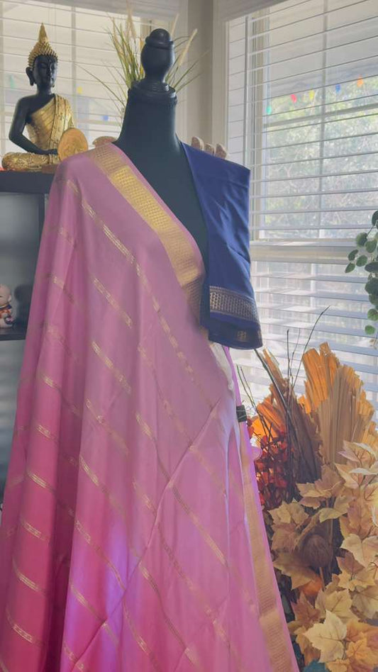 Baby / Onion Pink 2D Ombré with Deep Midnight Blue Pallu Pure Mysore Silk Handloom Saree