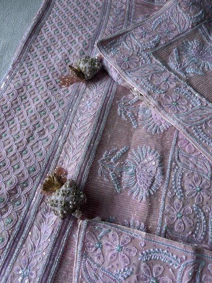 Baby Pink Pure Georgette Chikankari Saree with add on sequence, Pearl & Multicoloured Cutdana handwork