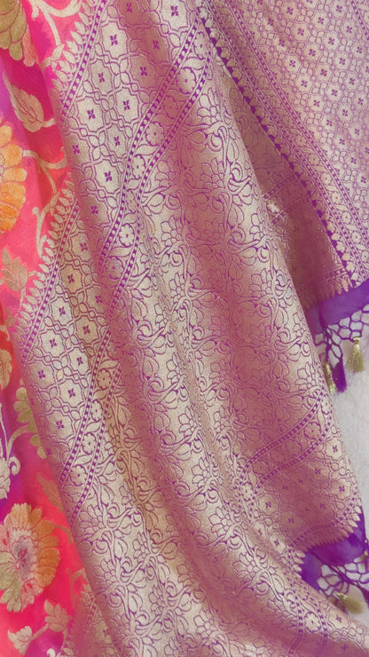 Baby pink  Rangkat Pure Khaddi Georgette handloom Meenakari Banarasi saree with tested Gold zari weaving