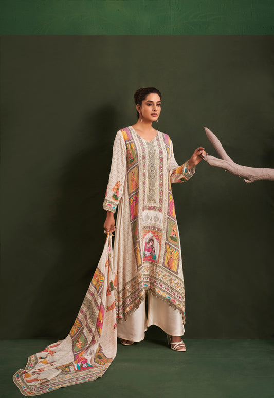 Beige Designer pure Crape silk palazzo suit with Radha Krishna digital print highlighted with stone & Coin work