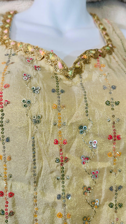 Beige Gold pure tissue silk designer Indowestern sharara set highlighted with sequins & Thread zari work