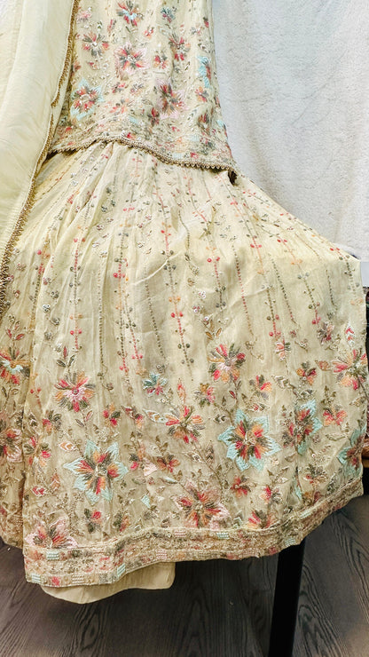 Beige Gold pure tissue silk designer Indowestern sharara set highlighted with sequins & Thread zari work