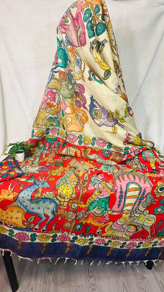 Beige pure Bangalore silk hand drawn hand painted Pen Kalamkari Saree