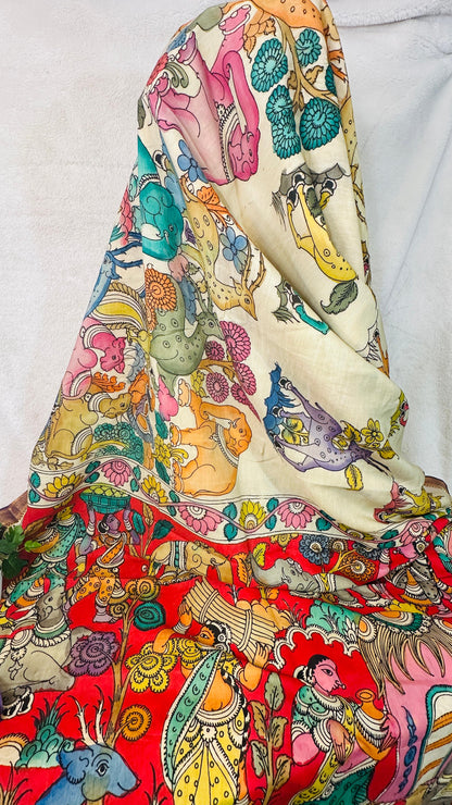 Beige pure Bangalore silk hand drawn hand painted Pen Kalamkari Saree