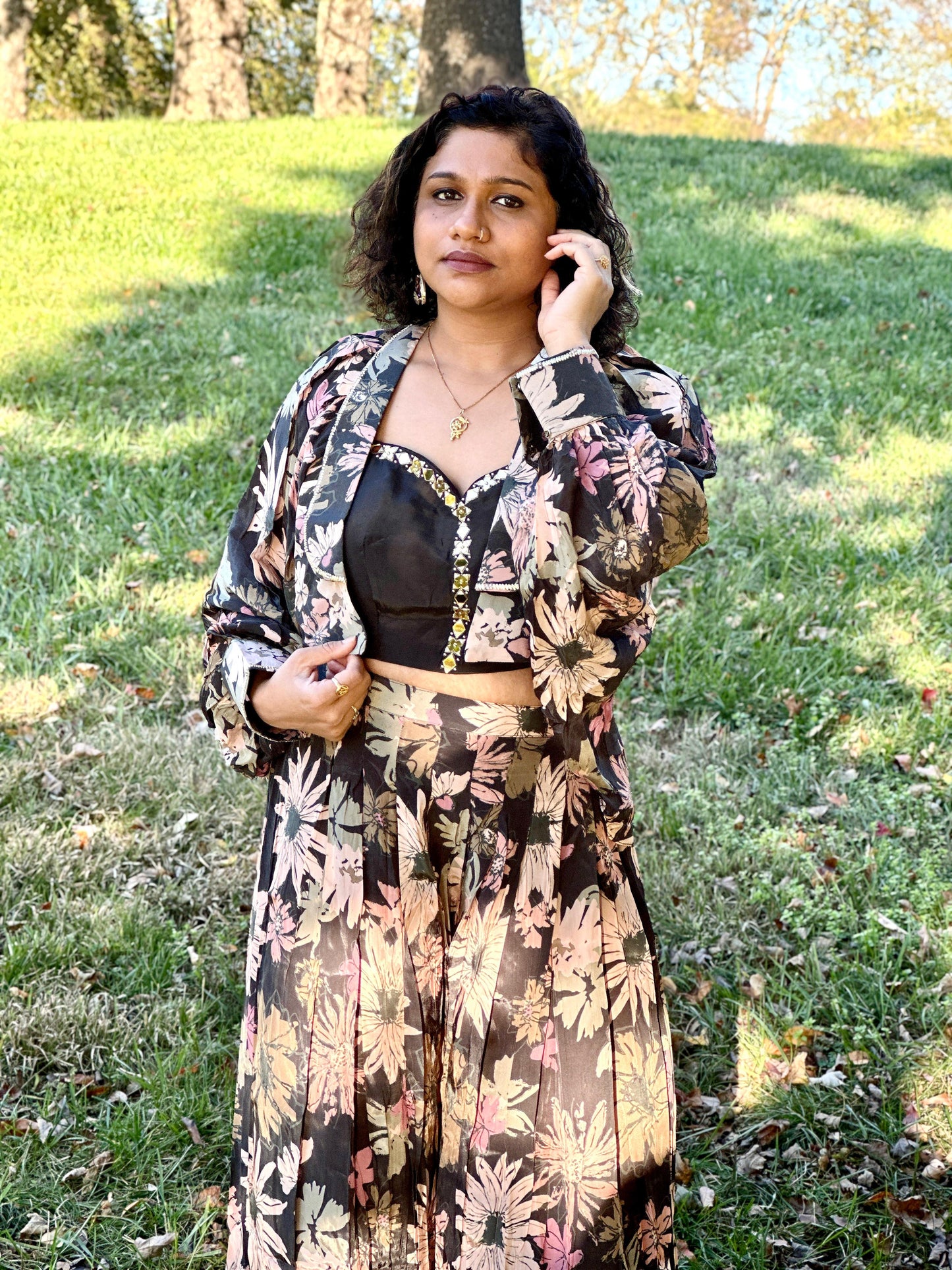 Black floral designer Indowestern palazzo set highlighted with real mirror & pearl handwork