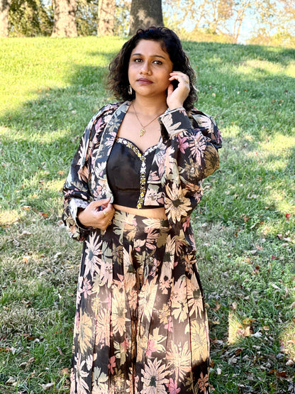 Black floral designer Indowestern palazzo set highlighted with real mirror & pearl handwork