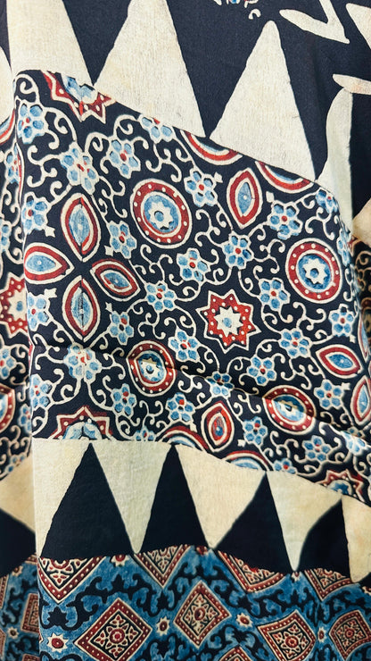 Black with Beige zigzag Ajrakh natural dye Hand block print pure Modal silk saree
