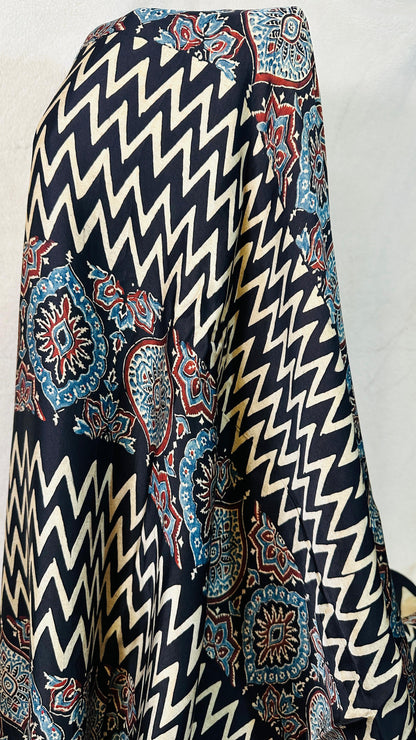 Black with Beige zigzag Ajrakh natural dye Hand block print pure Modal silk saree