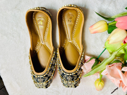Black with gold Premium designer pure leather Jutti with double cushion and highlighted with all handwork