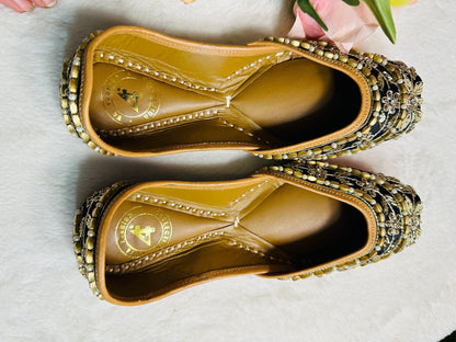 Black with gold Premium designer pure leather Jutti with double cushion and highlighted with all handwork