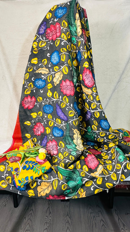 Carbon Black pure Bangalore silk hand drawn- hand painted Pen Kalamkari Saree
