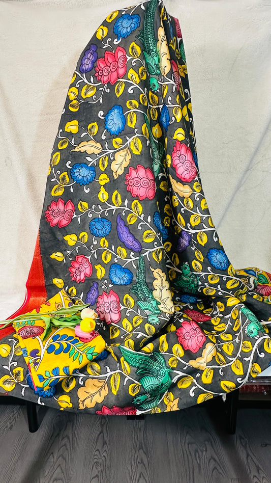 Carbon Black pure Bangalore silk hand drawn- hand painted Pen Kalamkari Saree