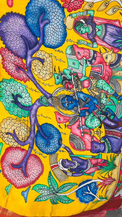 Carbon Black pure Bangalore silk hand drawn- hand painted Pen Kalamkari Saree