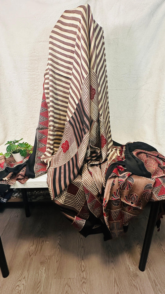 Coffee Mocha Ajrakh natural dye Hand block print pure Modal silk saree